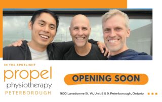 Propel Physiotherapy Managing Director Hoong Phang, Executive Director Kyle Whaley and Peterborough Clinic Manager David Friesen standing outside of new Peterborough clinic.